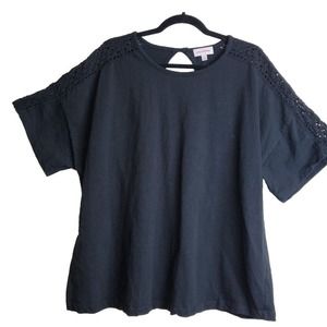 Molly & Isadora 3X‎ Black Crochet Top Plus Size Short Sleeve Lace Open Back